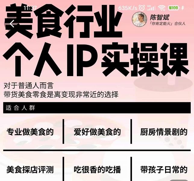 美食行业个人IP实操课，对于普通人而言，带货美食零食是离变现非常近的选择-时光资源网