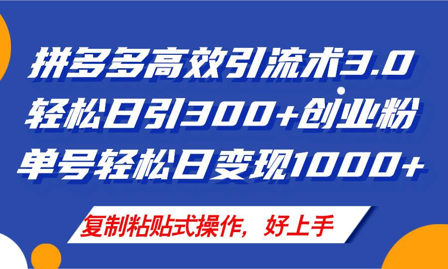 拼多多店铺引流技术3.0，日引300+付费创业粉，单号轻松日变现1000+-时光资源网