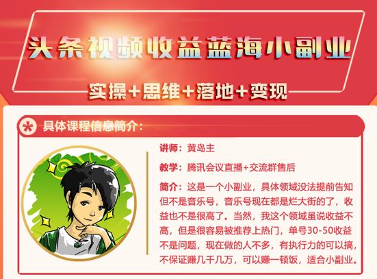 黄岛主·头条视频蓝海小领域副业项目，单号30-50收益不是问题-时光资源网