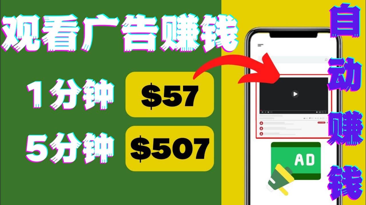 观看视频广告，只需要点击广告，每5分钟赚57美元-时光资源网