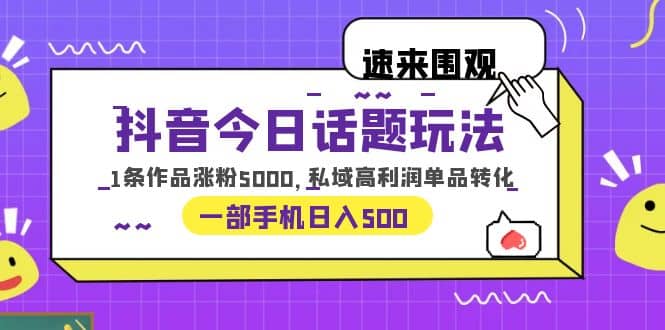 抖音今日话题玩法，1条作品涨粉5000，私域高利润单品转化 一部手机日入500-时光资源网