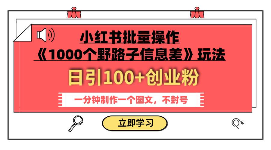 小红书批量操作《1000个野路子信息差》玩法 日引100+创业粉 一分钟一个图文-时光资源网