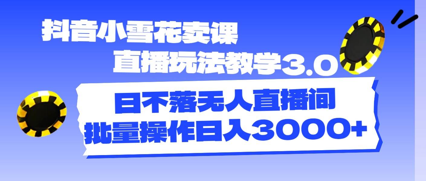 抖音小雪花卖课直播玩法教学3.0，日不落无人直播间，批量操作日入3000+-时光资源网