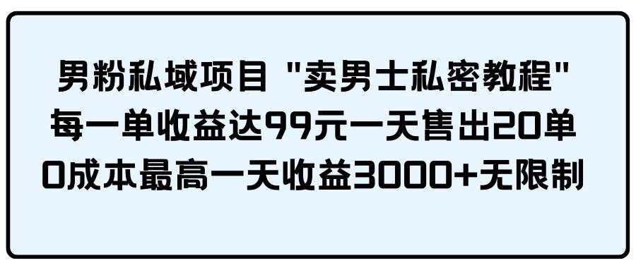 男粉私域项目 卖男士私密教程 每一单收益达99元一天售出20单-时光资源网
