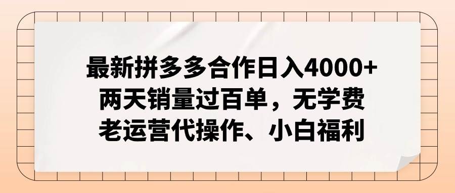 最新拼多多合作日入4000+两天销量过百单，无学费、老运营代操作、小白福利-时光资源网