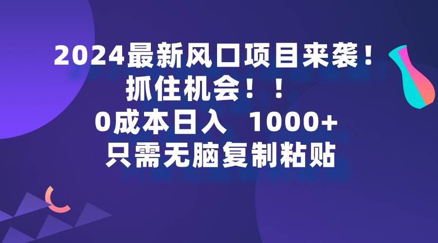 2024最新风口项目来袭，抓住机会，0成本一部手机日入1000+，只需无脑复…-时光资源网