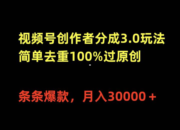 视频号创作者分成3.0玩法，简单去重100%过原创，条条爆款，月入30000＋-时光资源网