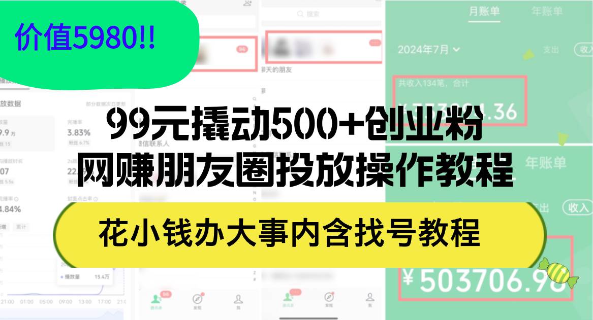 99元撬动500+创业粉，网赚朋友圈投放操作教程价值5980！花小钱办大事内…-时光资源网