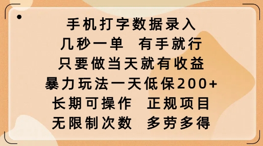 手机打字数据录入，几秒一单，有手就行，只要做当天就有收益，暴力玩法一天低保2张-时光资源网