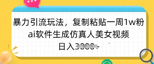 暴力引流玩法，复制粘贴一周1w粉，ai软件生成仿真人美女视频，日入多张-时光资源网